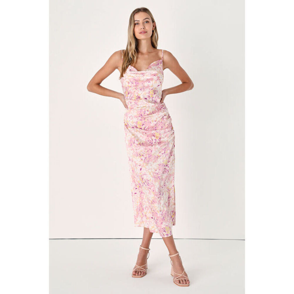 Lulus Truest Romance Pink Floral Print Sleeveless Ruched Midi Dress - Size L